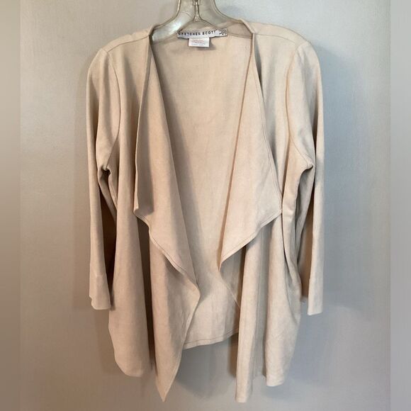 GRETCHEN SCOTT SIZE LARGE TAN WATERFALL FAUX SUEDE OPEN FRONT CARDIGAN - Picture 2 of 5